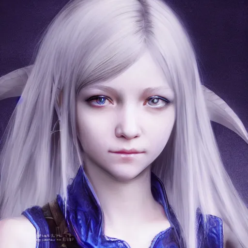 Image similar to portrait of young girl half dragon: 5 , dragon skin, dragon ears, blue hair, long hair, highly detailed 3D render, 8k, rpg concept art character, jrpg character, manga, anime, video game character, concept art, by Yoshitaka Amano