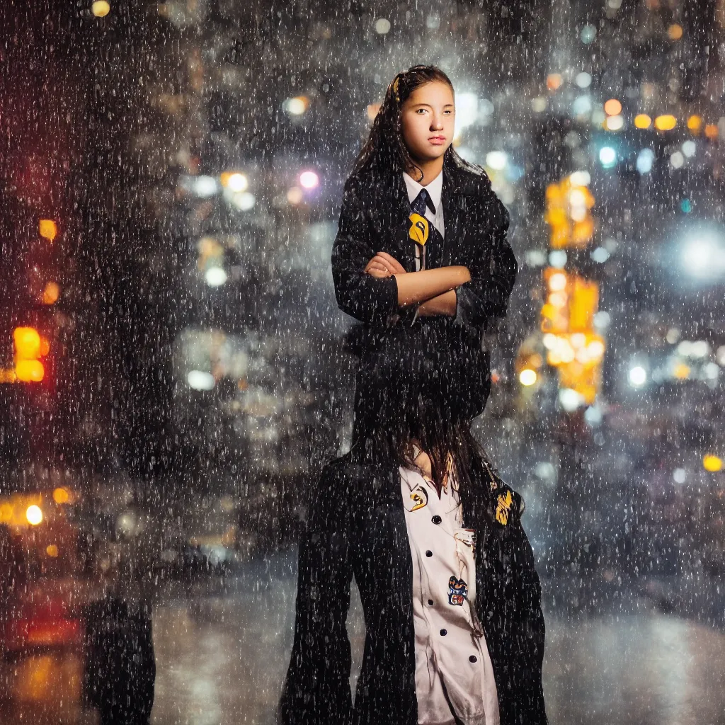 Image similar to night flash portrait photography of a high school girl in uniform on the lower east side by annie leibovitz, colorful, nighttime!, raining!