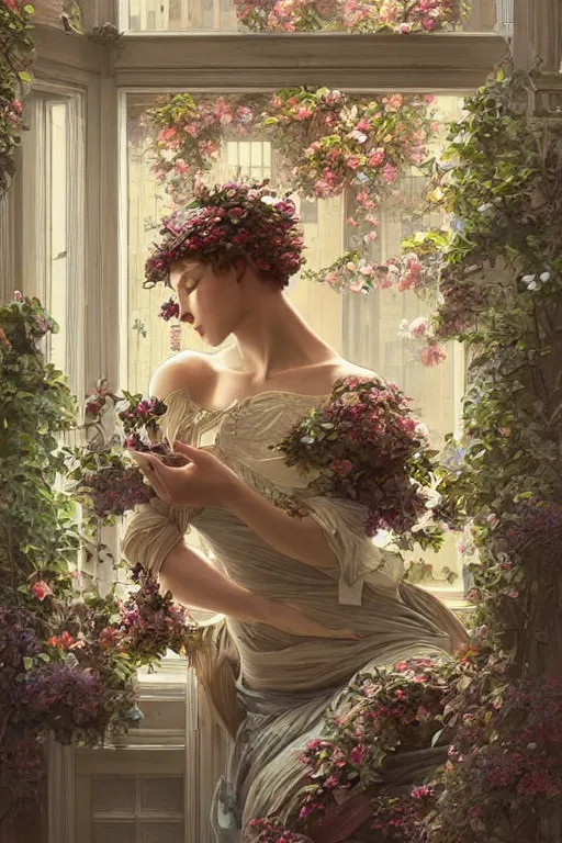 Image similar to ultra realistic illustration, old vintage card in city with flowers blossoming out the window, elegant, highly detailed, digital painting, concept art, smooth, sharp focus, illustration, art by artgerm and greg rutkowski and alphonse mucha