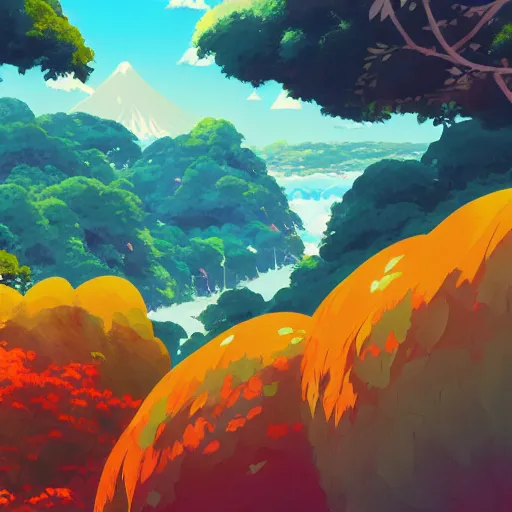 Prompt: landscape of an anime style with tropical flowers and volcanos, waterfalls bright colors, bird eye view, bove rule of thirds golden ratio, fake detail, trending pixiv fanbox, acrylic palette knife, style of makoto shinkai studio ghibli genshin impact james gilleard greg rutkowski chiho aoshima