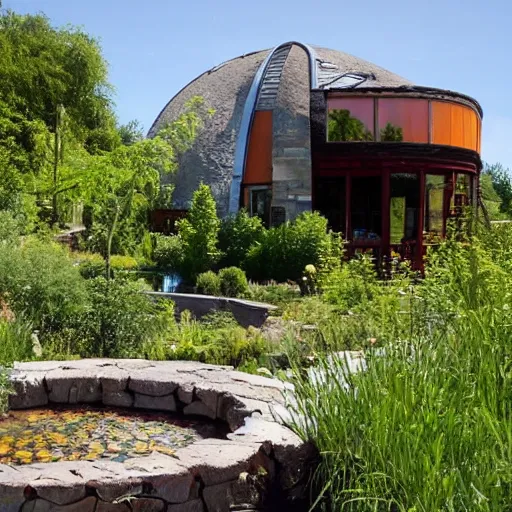 Prompt: earthship house with pond and cottage garden