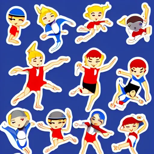Image similar to sharp lines, illustrated emoti sticker sheet. chibi characters playing sports in animal onesies, white background, clear lines, ready to print, vinyl decal