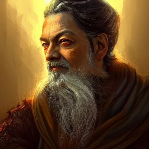 Prompt: Portrait of Osho, D&D, fantasy, intricate, highly detailed, digital painting, trending on artstation, sharp focus, illustration, style of Stanley Artgerm