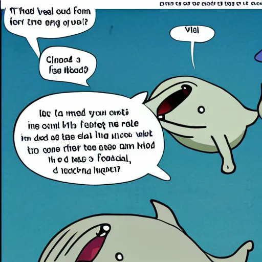 Prompt: two whales talking about food, with speech bubbles