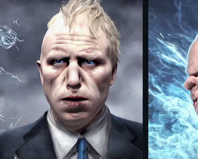 Image similar to boris johnson vs voldemort, character art, by various concept artists, redshift render, hyperrealistic face, photorealistic render