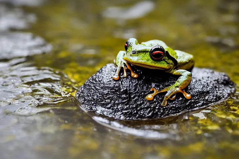 Image similar to a frog made out of lava hopping into a pond, nature photo 85mm