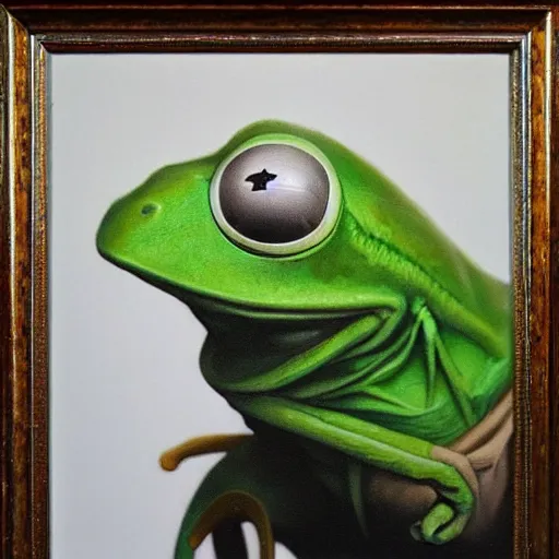 Image similar to ultra realistic portrait painting of kermit the frog, art by frank frazetta, 4 k, ultra realistic, highly detailed, epic lighting