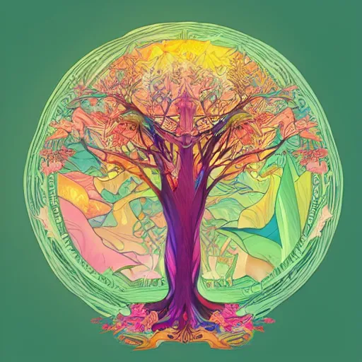 Prompt: world tree yggdrasil, lisa frank, clean cel shaded vector art. shutterstock. behance hd by artgerm and greg rutkowski and alphonse mucha, illustration