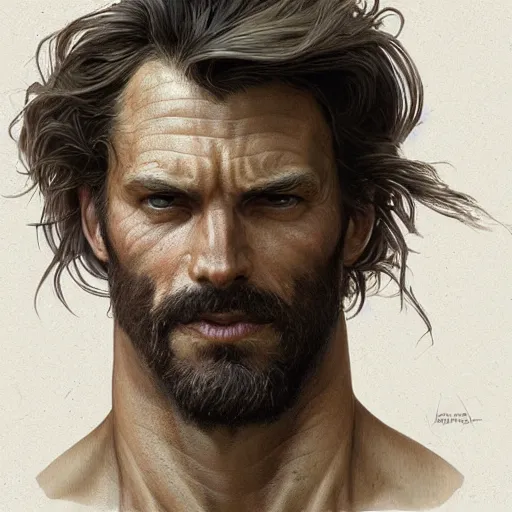 Image similar to portrait of a rugged ranger, 4 0 years old, muscular, upper body, hairy torso, d & d, fantasy, intricate, elegant, highly detailed, digital painting, artstation, concept art, smooth, sharp focus, illustration, art by artgerm and greg rutkowski and alphonse mucha