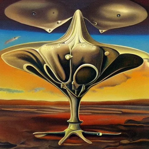 Prompt: painting of an alien spaceship made of flesh and exoskeleton, in the style of salvador dali