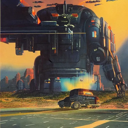 Prompt: giant robot attacks schoolbus, chris foss, john harris, beeple, wayne barlowe