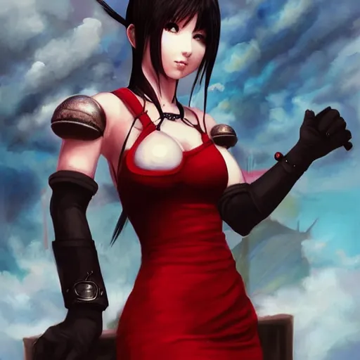 Prompt: oil painted portrait of tifa lockhart from from final fantasy 7 in her signature red dress with the steam punk city midgard as backdrop, by master artist yoshitaka amano trending on artstation