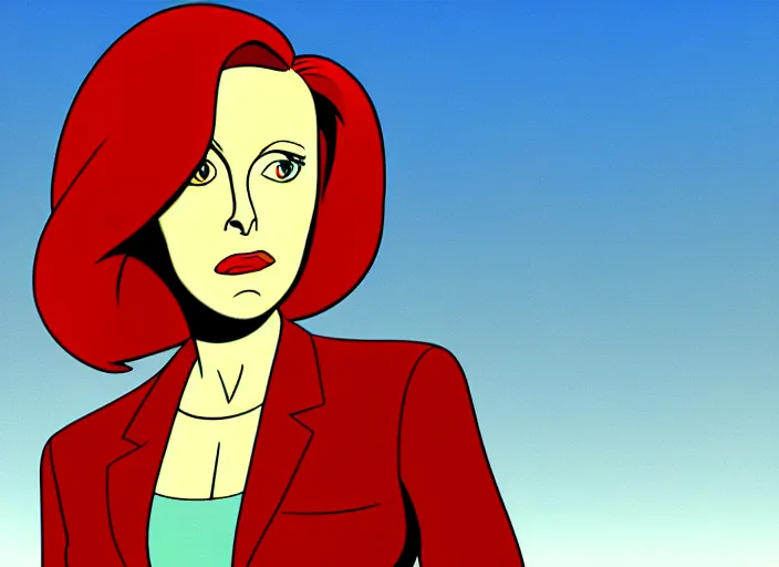 Prompt: dana scully on the x - files : the animated series, shaded animation cel, animation model, sharp detail, animation cel, thin linework, in the style of don bluth, bruce timm, alex toth, filmation, toei animation, studio trigger, 5 k, hd