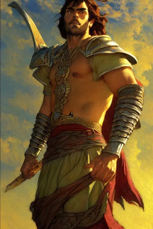Image similar to tales from earthsea, attractive beefy male with armor, character design, dynamic lighting, cool and bright tint, painting by gaston bussiere, craig mullins, j. c. leyendecker, tom of finland