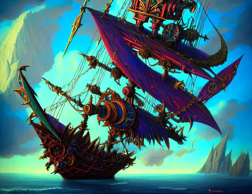 Image similar to the flying spelljammer galleon soars through the planes, amazing d & d planescape style art, trending on artstation, colorful, intricate, art by kev chan, fantasypunk, deep colors, cgsociety