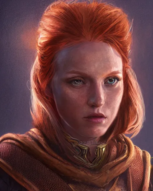 Image similar to the elder scrolls vi, charismatic rugged female redhead breton mage portrait, illustration, rim light, top light, perfectly shaded, golden hour, epic, intricate, soft painting, art by mark kent, jordan lamarre - wan, igor kieryluk, maxim verehin, miranda meeks