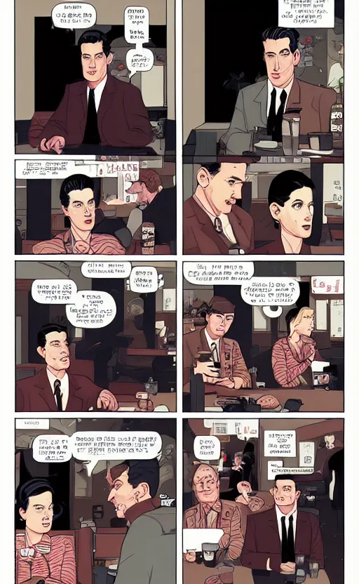 Prompt: Twin Peaks comic page of Dale Cooper feeling love and comfort with coffee & pie in the RR Diner by Tomer Hanuka