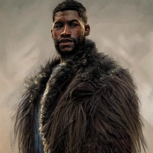 Image similar to portrait painting of a beautiful black man with cut scars and cropped hair wearing a tattered fur coat, ultra realistic, concept art, intricate details, eerie, highly detailed, photorealistic, octane render, 8 k, unreal engine. art by artgerm and greg rutkowski and charlie bowater and magali villeneuve and alphonse mucha