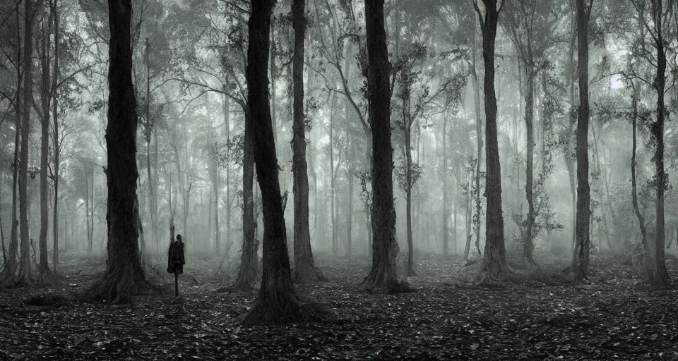 Prompt: A dense and dark enchanted forest with a swamp, by gregory crewdson