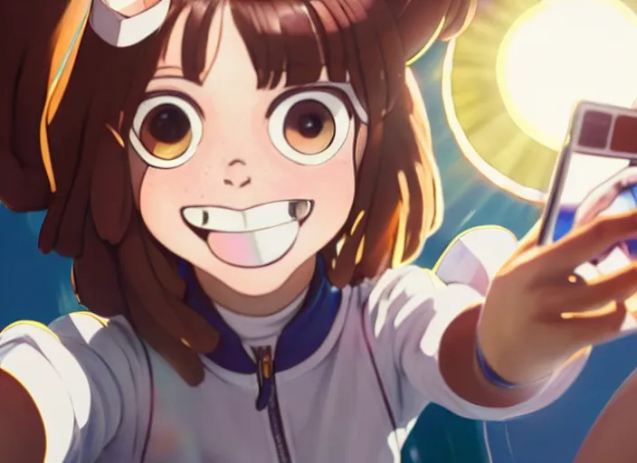 Prompt: closeup portrait of ochaco uraraka from my hero academia taking a selfie with her shoe collection, sunny, bright, reflections, intricate, sharp focus, lens flare, bloom, illustration, highly detailed, digital painting, concept art, matte, art by ruan jia and wlop and greg rutkowski, masterpiece