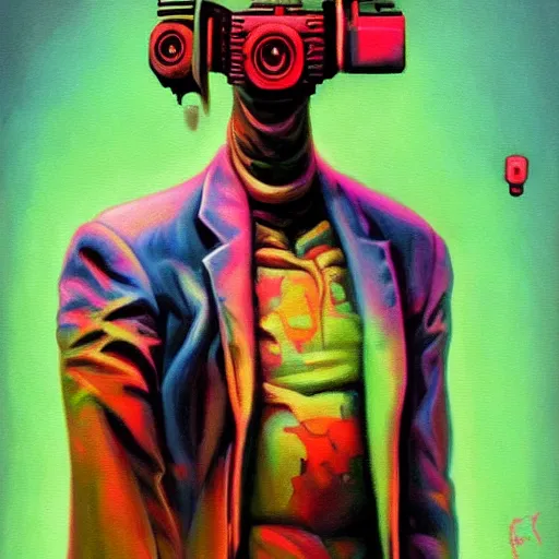 Image similar to a painting of a man with a weird face, cyberpunk art by ron english, featured on cgsociety, pop surrealism, grotesque, bryce 3 d, anaglyph effect