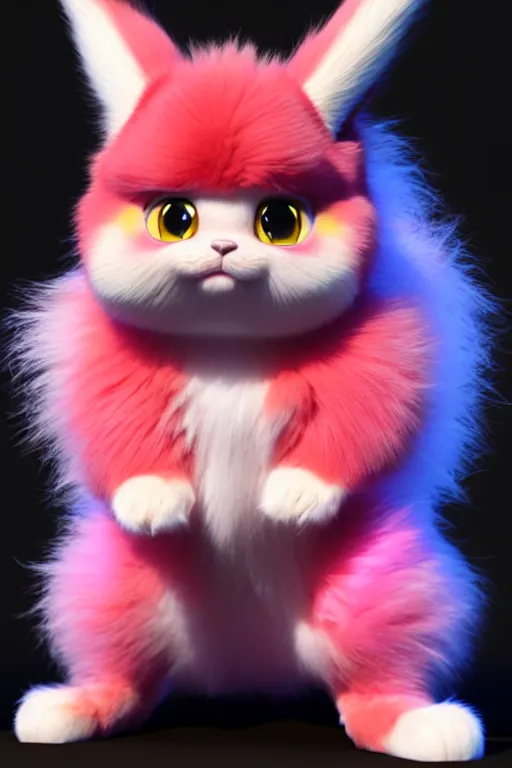 Image similar to high quality 3 d render hyperrealist very cute multicolor stripped fluffy! phoenix cat hybrid highly detailed, vray smooth, in the style of detective pikachu, hannah yata charlie immer, dramatic pink light, low angle, uhd 8 k, sharp focus