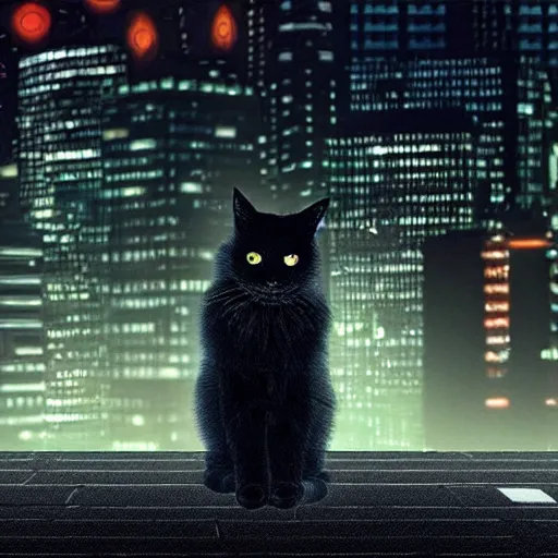 Prompt: fluffy black cat on a roof watching the overlord whose head is the full moon, over a cyberpunk city at night, digital art, high contrast, vibrant