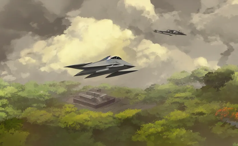 Prompt: a cell - shaded studio ghibli concept art study of a grey cube in the sky. a fighter jet is in the background. wide shot, very dull colors, hd, 4 k, hq