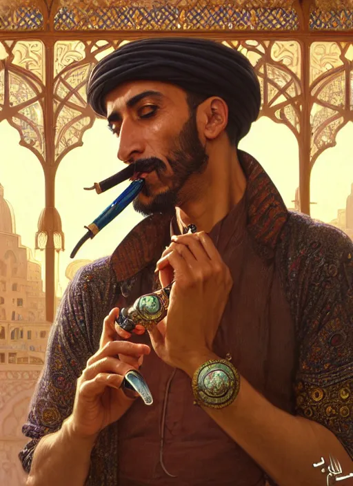 Prompt: an arabian man smoking a pipe in the market, shiny, fantasy, intricate, elegant, hyper detailed, ultra definition, photoreal, artstation, unreal engine rendered, concept art, smooth, sharp focus, illustration, art by artgerm and greg rutkowski and alphonse mucha and garis edelweiss