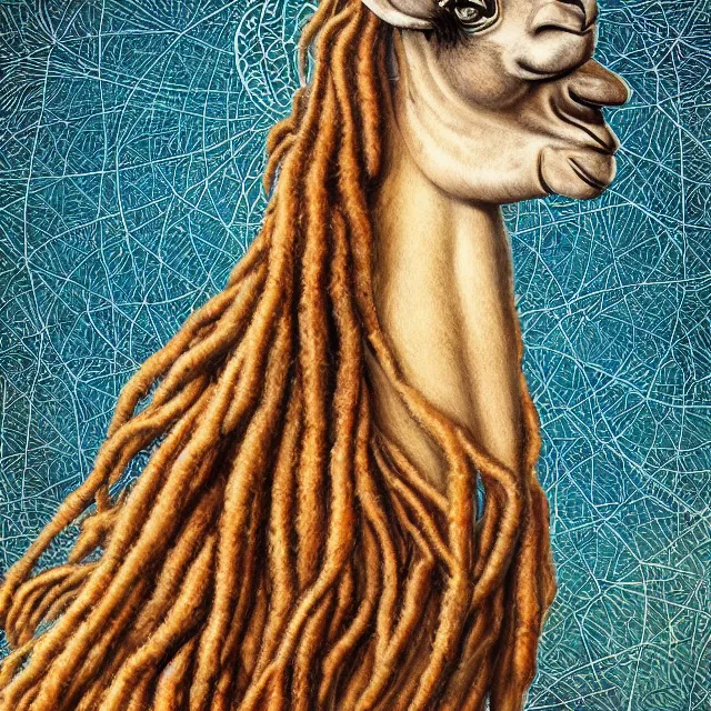 Image similar to llama with dreadlocks, by ernst haeckel, artgerm, james jean