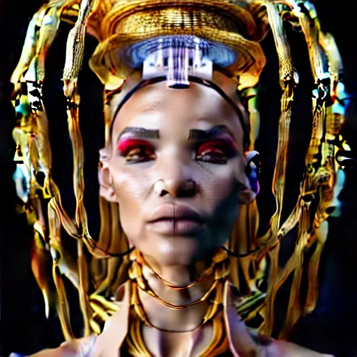 Image similar to portrait of an absurdly beautiful, graceful, sophisticated, fashionable egyptian cyberpunk mechanoid gravure idol, hyperdetailed illustration by irakli nadar, matt wisniewski style, intricate linework, fashion photography, porcelain skin, jellyfish headdress, golden cable necklace, unreal engine 5 highly rendered, radiant light, detailed and intricate environment