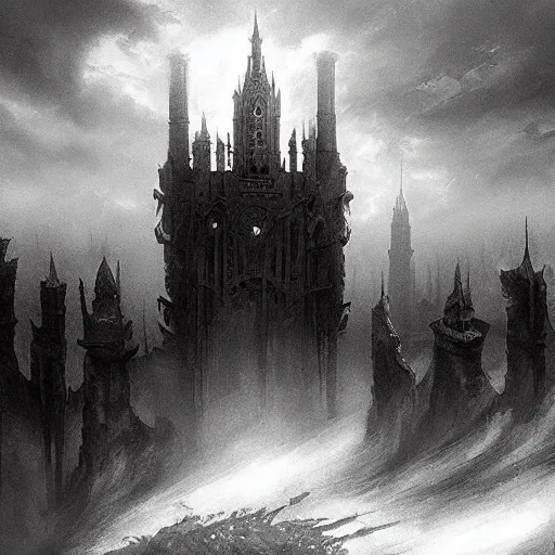 Image similar to an ultra detailed black and white matte painting of a lonely and impossibly tall ominous gothic dark citadel tower of the evil patriarch, in the style of magic the gathering, in a river elevated high above the city, gaslight fantasy capital city, ultrawide lense, aerial photography, scary thunderstorm, exquisite detail, 8 k, art by greg rutkowski and alphonse mucha