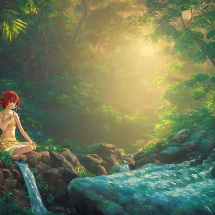 Prompt: an epic makoto shinkai and renoir landscape with a hawaiian waterfall, golden hour, 🌺, a beautiful woman with long hair, ultra smooth, octane render, lois van baarle, ilya kuvshinov