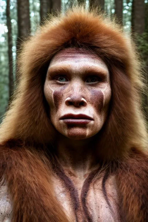 Prompt: a professional portrait photo of a muscular neanderthal woman in the forest in winter holding a spear, freckles and dirt on face, black stripe painted side to side across her eyes, ginger hair and fur, extremely high fidelity, natural lighting, still from the movie clan of the cave bear