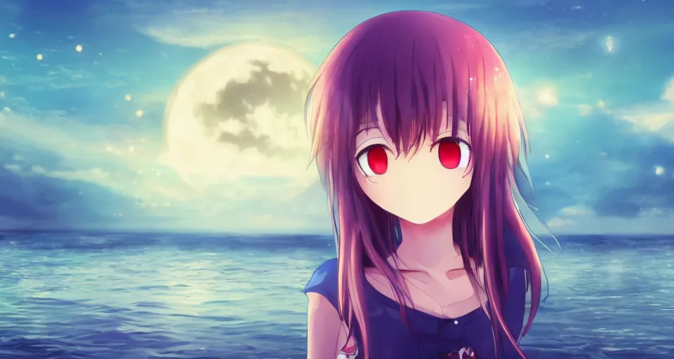 Image similar to one anime girl standing on a pier with the ocean as background at twilight, her blue shiny detailed eyes are looking at the camera, cute, big moon above the water, colorful, magical, detailed face, 8k, based on Puella Magi Madoka Magica