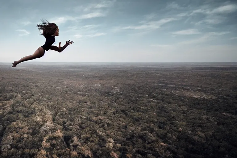 Image similar to photo of young woman that can fly hovering a few feet off the ground by Emmanuel Lubezki