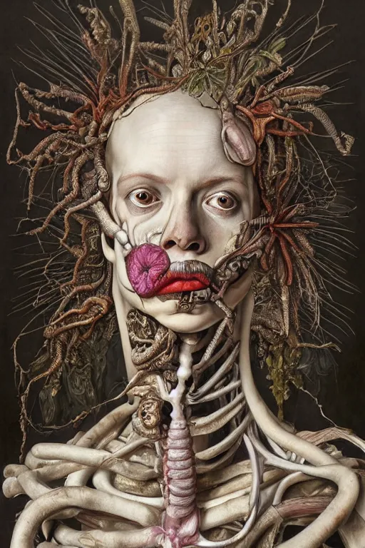 Image similar to Detailed maximalist portrait of a greek god with large lips and eyes, scared expression, botanical anatomy, skeletal with extra flesh, HD mixed media, 3D collage, highly detailed and intricate, surreal illustration in the style of Jenny Saville, dark art, baroque, centred in image