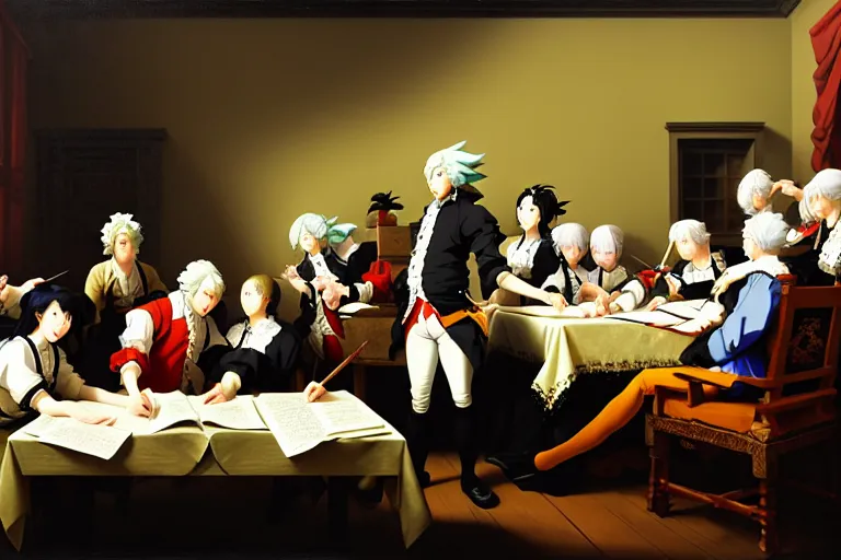 Prompt: baroque oil painting of key visual environment concept art of the anime maids signing the declaration of independence, brutalist, dark fantasy, rule of thirds golden ratio, fake detail, trending pixiv fanbox, acrylic palette knife, style of makoto shinkai studio ghibli genshin impact jamie wyeth james gilleard greg rutkowski chiho aoshima