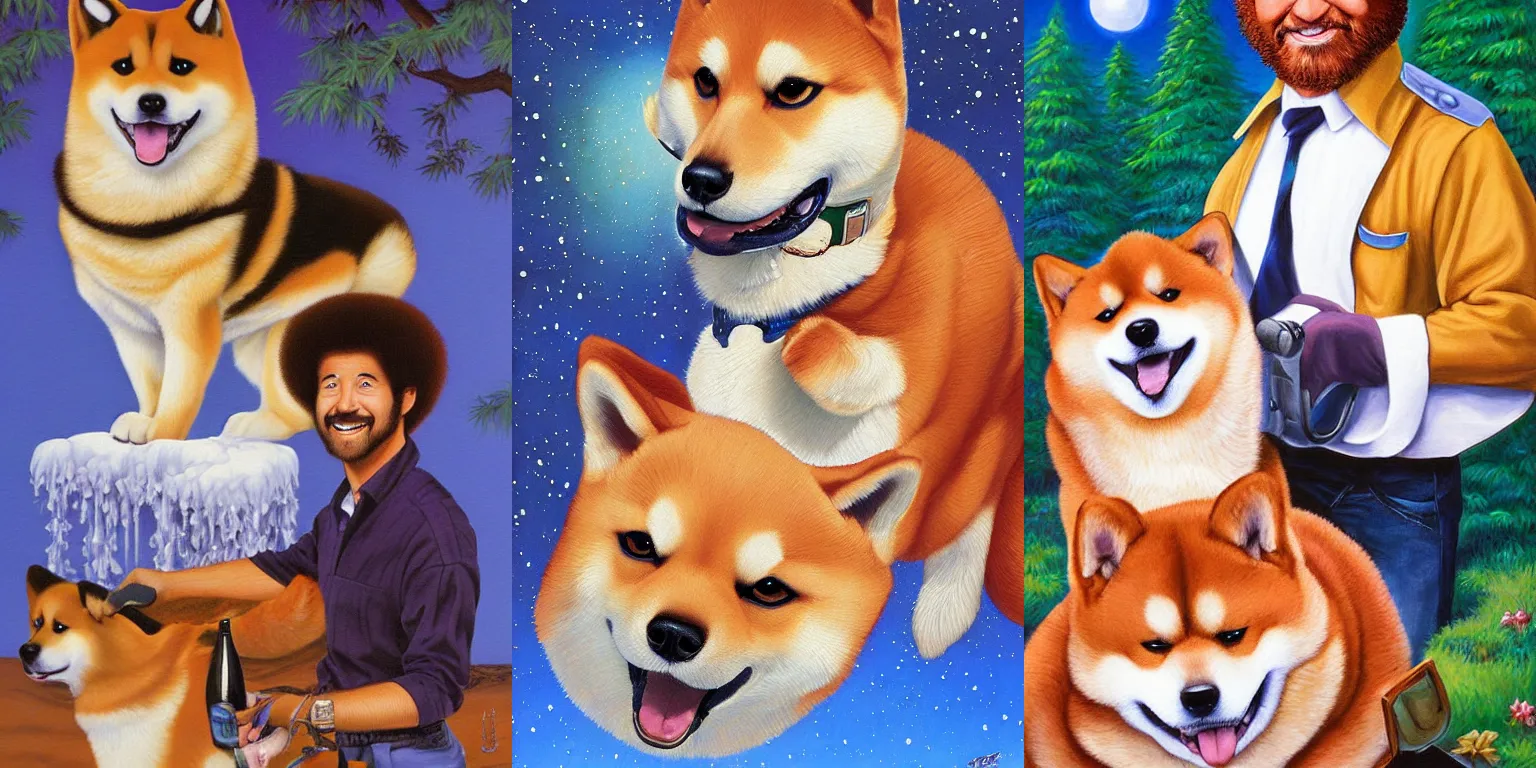 Prompt: painting happy Shiba Inu with Bob Ross by Greg Hildebrandt