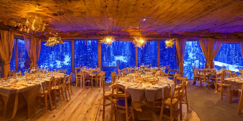 Image similar to Playrix Fishdom event room, chalet lit by garlands in the mountains on a winter night