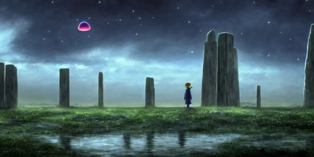 Image similar to a realistic and atmospheric cell - shaded concept art from howl's moving castle ( 2 0 0 4 ) of a ufo on the ground. a grey monk is standing in a futurist sci - fi city that looks like stonehenge in a flooded rainforest. it is a misty starry night. very dull muted colors, hd, 4 k, hq