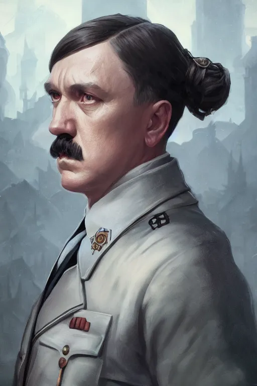 Image similar to cinematic stills of adolf hitler, deep focus, d & d, fantasy, intricate, elegant, highly detailed, digital painting, artstation, concept art, matte, sharp focus, illustration, hearthstone, art by artgerm and greg rutkowski and alphonse mucha