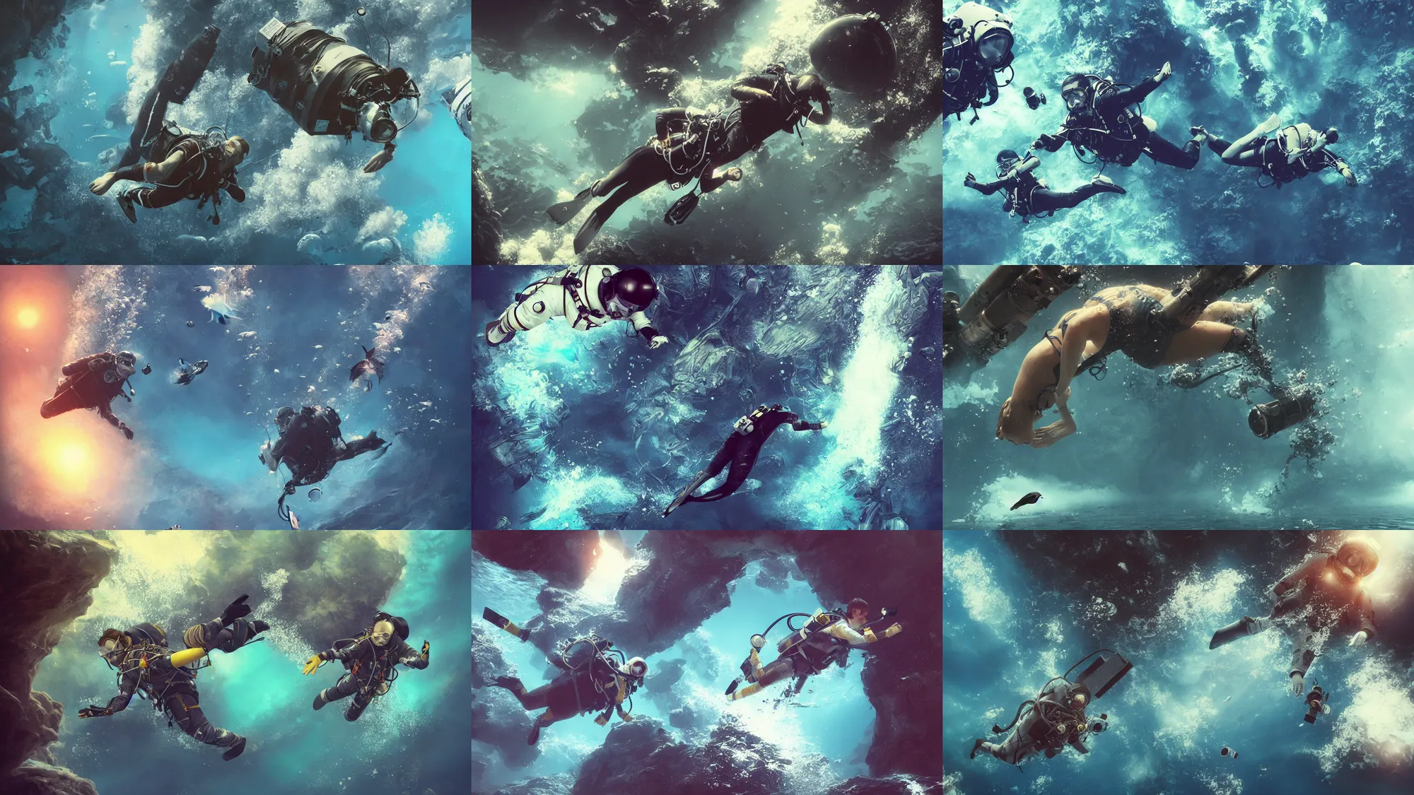 Prompt: astronaut diving underwater, deep sea, waterfall, birds, cinematic, hyper-realistic, high resolution, concept art, artstation
