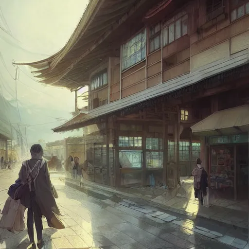 Image similar to walking around ozu city and shimonad station, ehime, japan. volumetric lighting, realistic illustration, perfectly shaded, soft painting, art by krenz cushart and wenjun lin