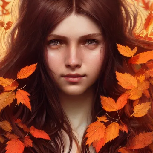 Image similar to girl with super long hair, hair becoming autumn red leaves, intricate, highly detailed, digital painting, artstation, concept art, smooth, sharp focus, illustration, unreal engine 5, 8 k, art by artgerm and greg rutkowski and alphonse mucha