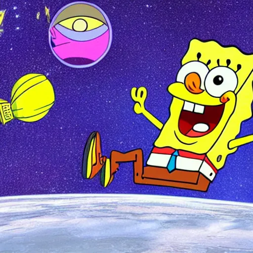 Prompt: spongebob hanging out in space with his friend patrick starr