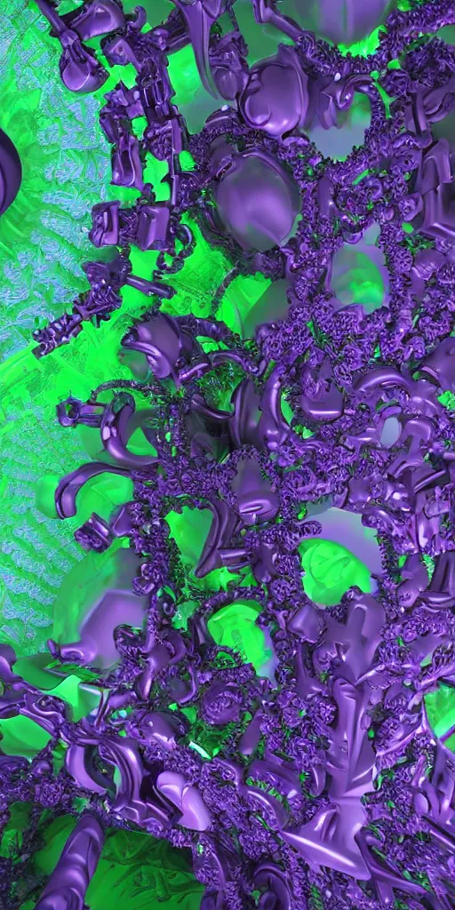 Image similar to 3 d photographic render of a deconstructed asymmetric mandelbulb sculpture, green bioluminescent chrometype, made of liquid purple metal, neotribal with thorns and green thunders, cyberpunk japanese temple, raytraced, hyper realistic, volumetric lightning, 8 k, by zhelong xu, ouchh and and innate studio