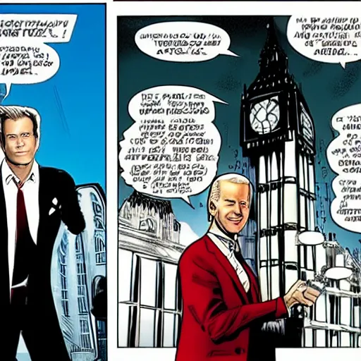 Prompt: marvel comic of The Tenth Doctor standing next to Joe Biden looking at Big Ben