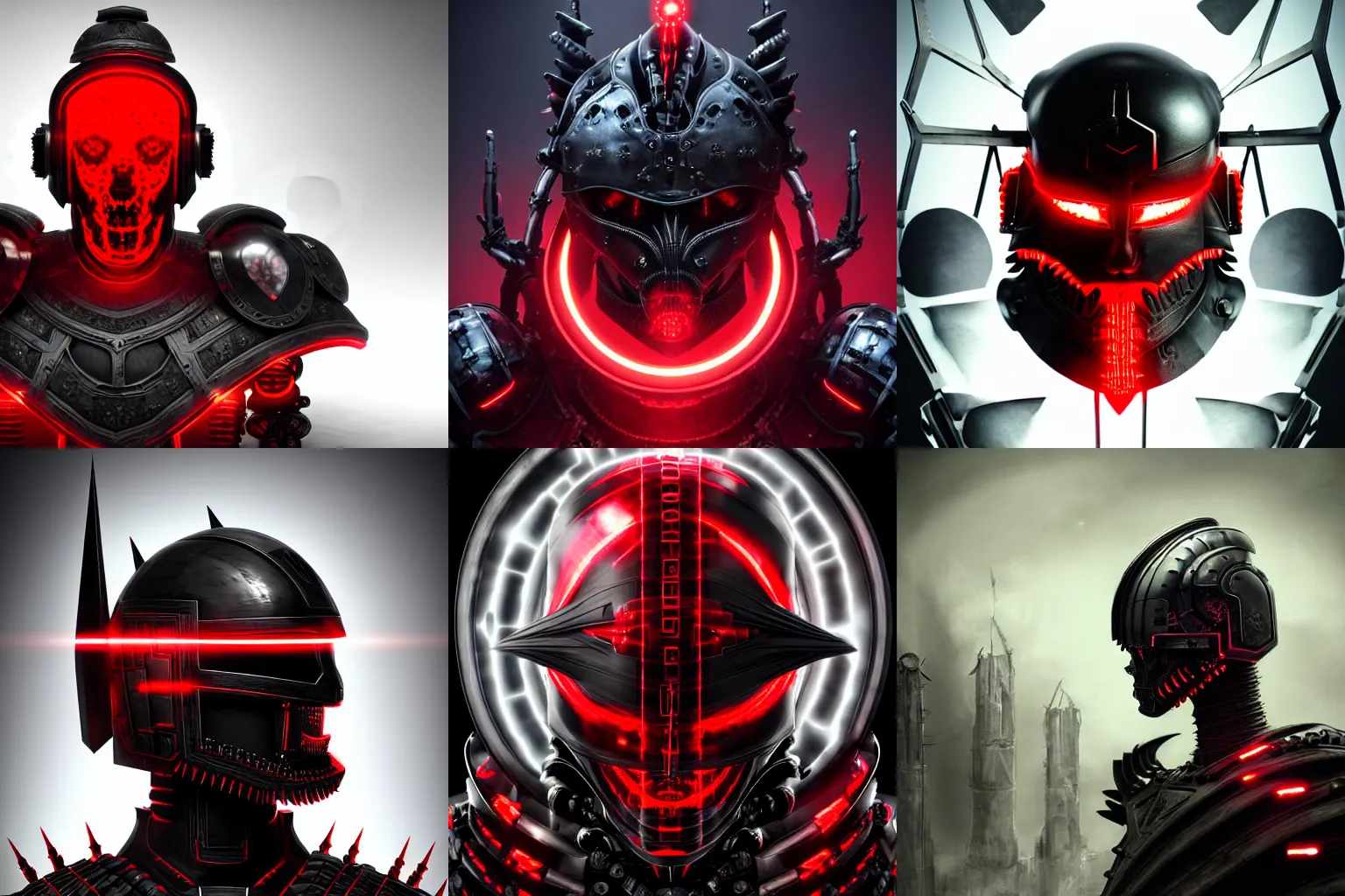 Prompt: terrifying ominous evil resonant genetically augmented high tech armored imperial roman helm in black and red, tall black spiralling jagged horns, full borg hyper detailed, third eye glass bubble on the forehead, high octane cybernetics, featured on cgsociety, ultra 4 k concept turnaround