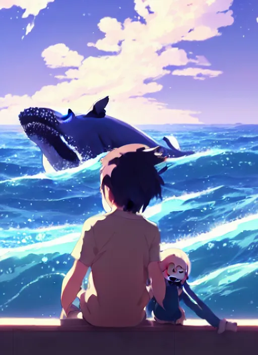 Image similar to boy and girl watching big whales on sky, illustration concept art anime key visual trending pixiv fanbox by wlop and greg rutkowski and makoto shinkai and studio ghibli